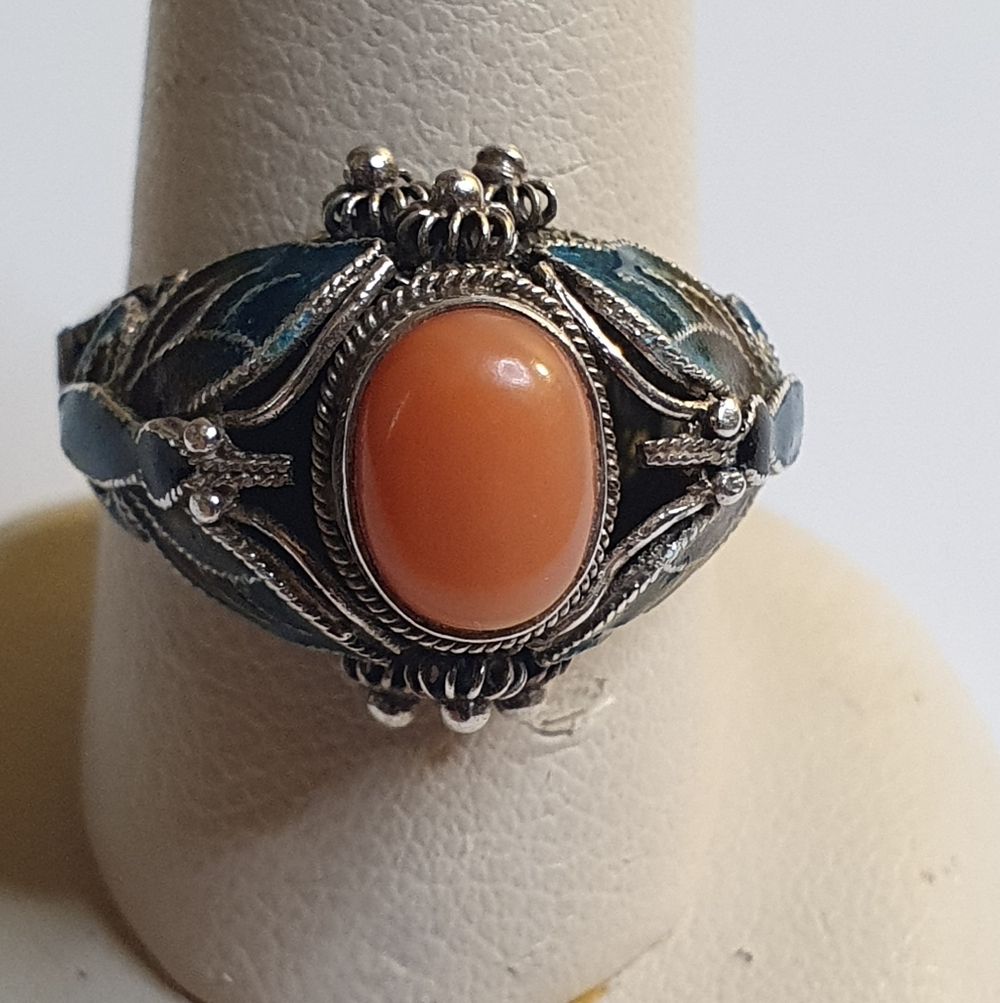Vintage Sterling Silver Coral And Cloisonne Ring